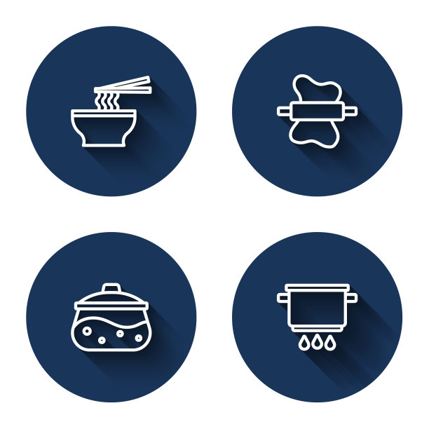 在碗中放入直线亚细亚面，擀面杖放在面皮上，锅中放入长影火。蓝色圆圈按钮。向量图片下载