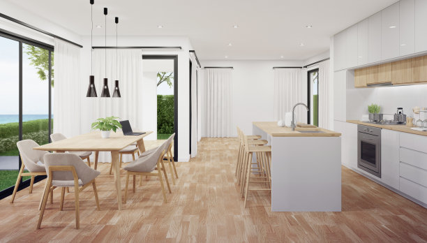 在现代海滩别墅或豪华别墅明亮的餐厅厨房附近的拼花地板上的桌子。图片下载