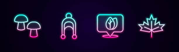 设置线蘑菇，冬季帽子，位置与树叶和加拿大枫。发光的霓虹灯图标。向量图片下载