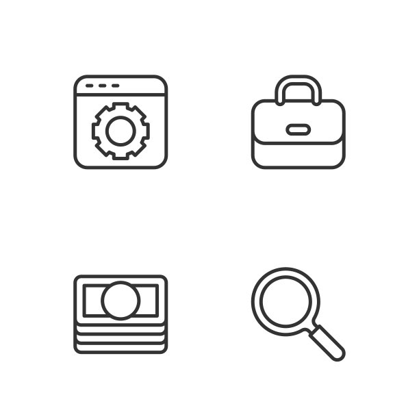 设置行放大镜，钞票现金堆栈，浏览器设置和公文包图标。向量图片下载