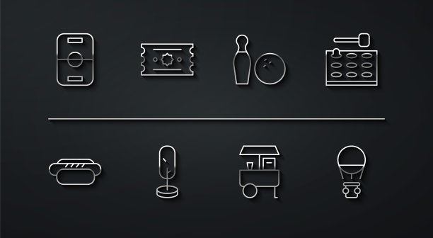 冰球桌、热狗、街机游戏机、快餐车、树、票、热气球和保龄球瓶图标矢量素材图片下载