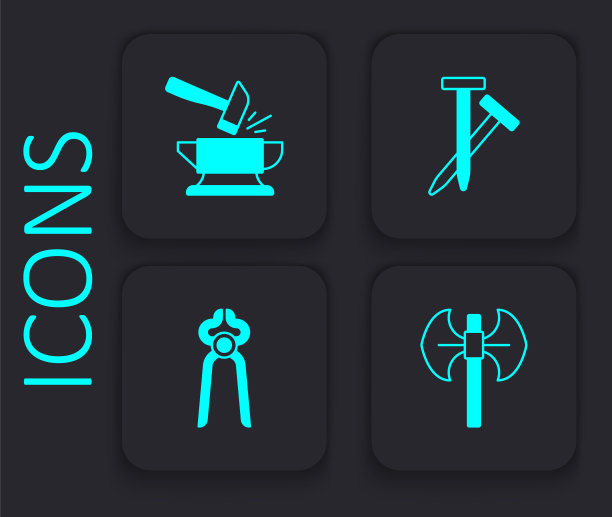 设置中世纪长柄斧，铁砧和锤子，金属钉子和铁匠钳子工具图标。黑色方形按钮。向量图片下载