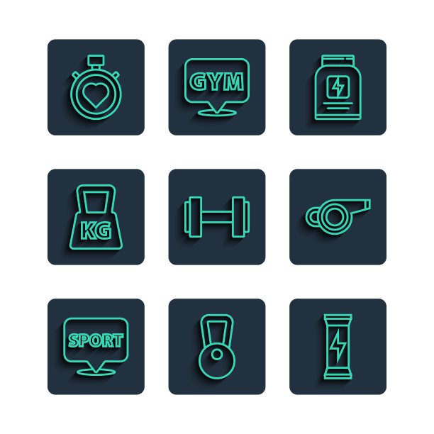 设置线位置健身房，壶铃，运动营养，哑铃，体重，心脏在中心秒表和哨子图标。向量图片下载