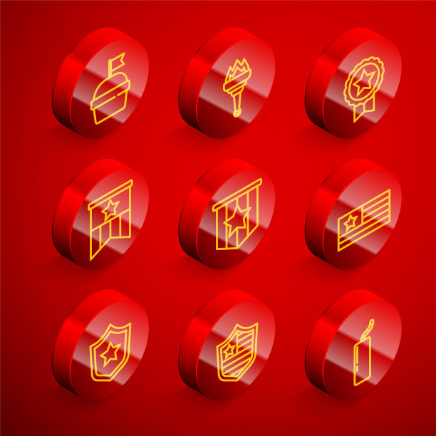 集线蛋糕，火炬火焰，勋章与星，美国国旗，警察徽章和盾星图标。向量图片下载