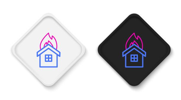 线火在燃烧的房子图标孤立的白色背景。保险的概念。安全、安全、保护、保护理念。彩色轮廓概念。向量图片下载