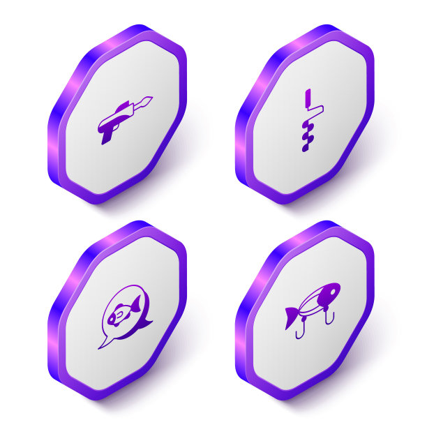 设置等距鱼叉，手冰钻，和诱饵图标。紫色六角形扣子。向量图片下载