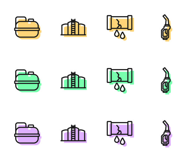 设置油管断油管与阀门，汽油罐，油箱储存和汽油泵喷嘴图标。向量图片下载