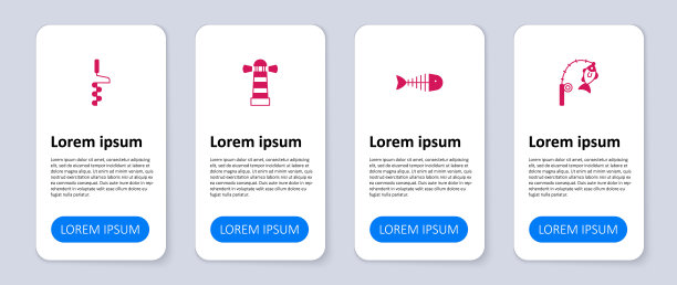 设置鱼竿和鱼，骨架，灯塔和手冰钻。业务信息图模板。向量图片下载