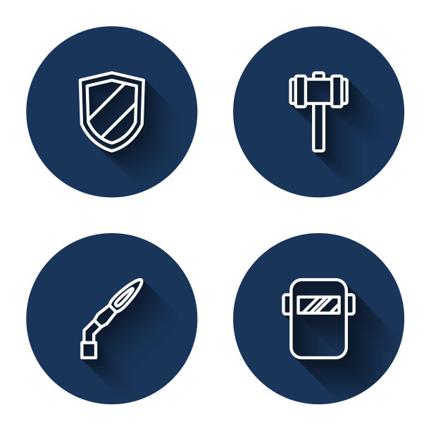 设置线盾，大锤，焊枪和长阴影面具。蓝色圆圈按钮。向量图片下载