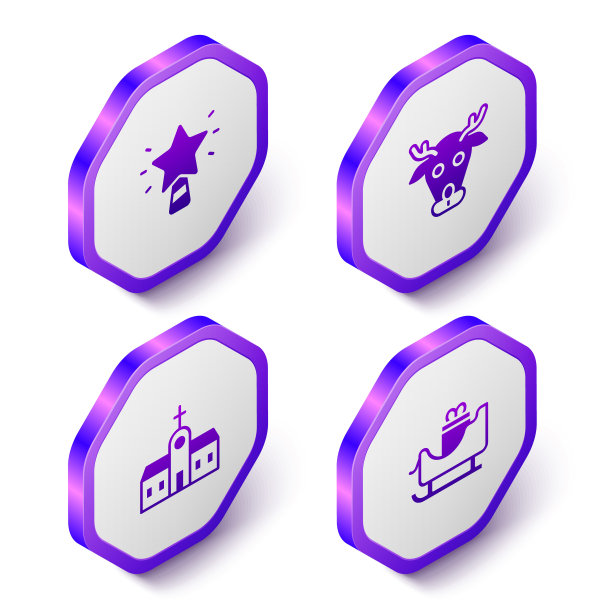 设置等距圣诞星，驯鹿，教堂建筑和圣诞老人雪橇图标。紫色六角形扣子。向量图片下载