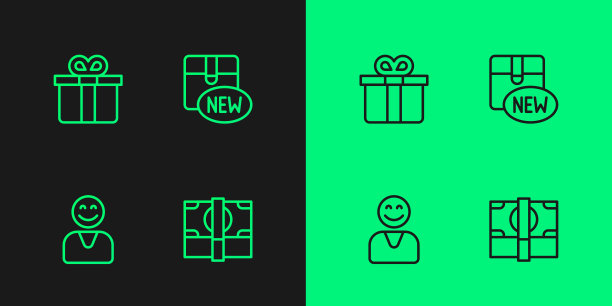 设置线堆叠纸钱现金，快乐的客户，礼盒和新的收集图标。向量图片下载