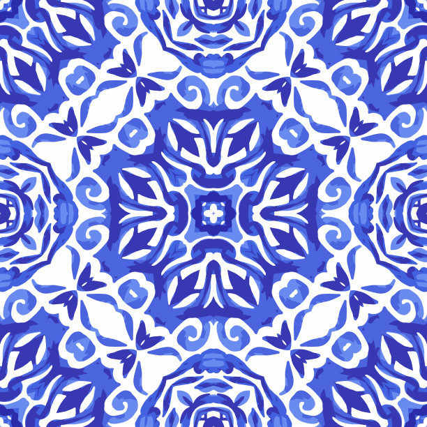 华丽无缝的冬季装饰图案由东方蓝白瓷砖、装饰物组成。图片下载