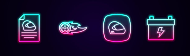 设置线路赛车头盔，车轮火焰，和汽车电池。发光的霓虹灯图标。向量图片下载