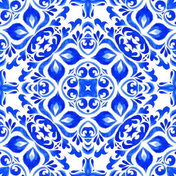 观赏水彩涂料。阿祖莱霍葡萄牙瓷砖设计蓝白无缝图案图片下载