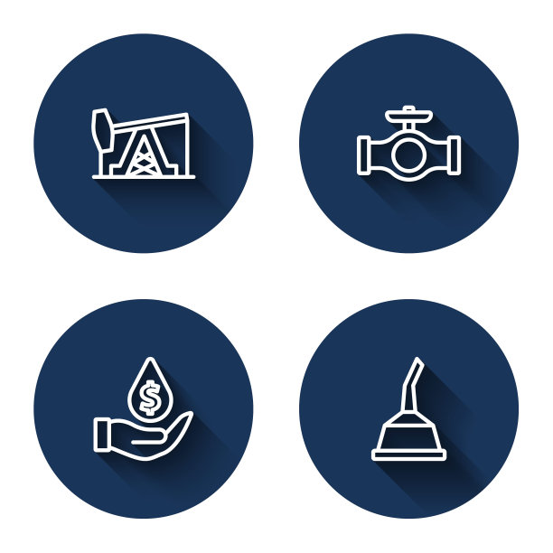 设置管路油泵或泵千斤顶，管路带阀，下元符号，电机机油筒带长影。蓝色圆圈按钮。向量图片下载