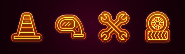 设置线交通锥，汽车后视镜，扳手扳手和轮胎轮。发光的霓虹灯图标。向量图片下载