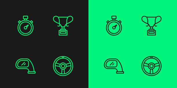 设置线赛车方向盘，汽车镜子，秒表和奖杯图标。向量图片下载