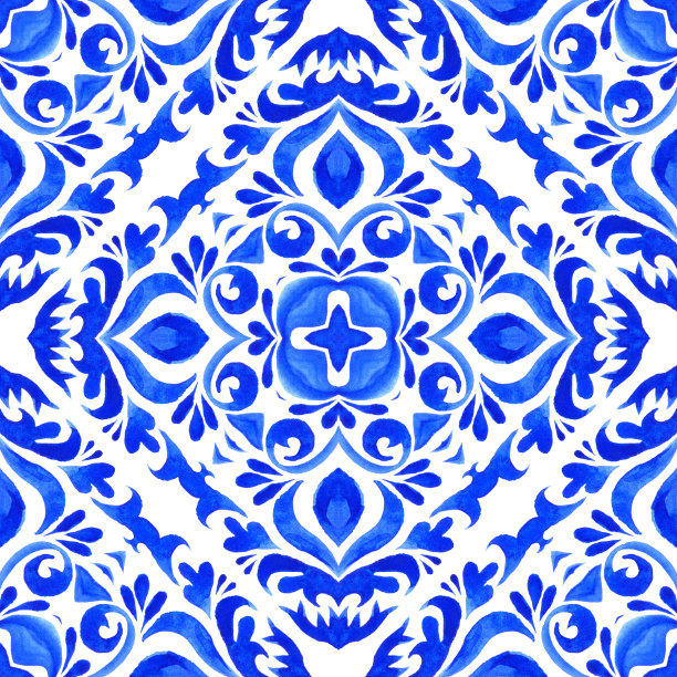 无缝观赏性水彩锦缎波斯油漆图案。Azulejo风格的陶瓷设计。地中海瓷砖。图片下载
