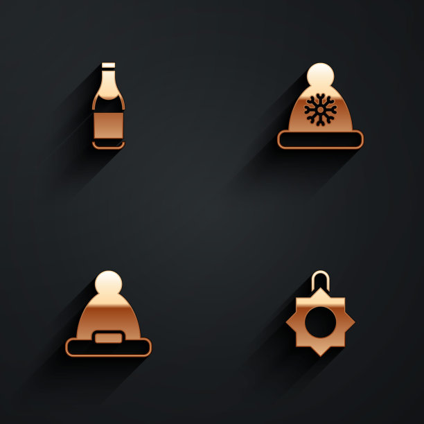 设置香槟瓶，圣诞老人帽子，和玩具图标长影子。向量图片下载