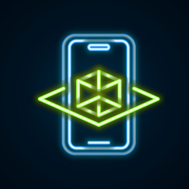 发光的霓虹灯线三维建模图标隔离在黑色背景上。增强现实或虚拟现实。彩色轮廓概念。向量图片下载