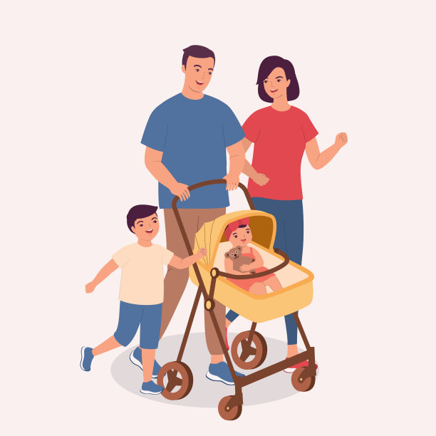 一家人和孩子一起走在婴儿车里。图片下载