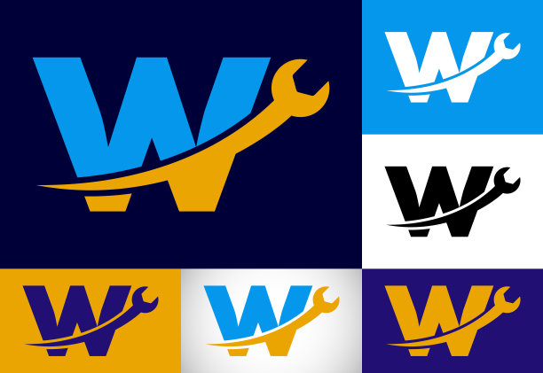 图形字母W与扳手。标志为机械、技术、维修服务、汽车业务图片下载