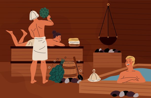 人们在蒸桑拿。快乐的男孩和女孩在蒸浴。木质内部覆层。干热。热的温度。水疗的过程。浴室放松和身体排毒。加里什矢量概念图片下载