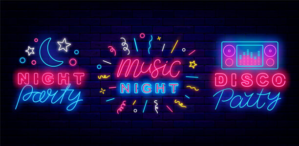 音乐之夜霓虹灯林立。黄昏表演传单。发光的广告。矢量股票图图片下载