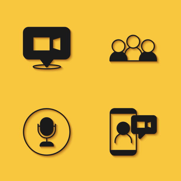 设置视频聊天会议，麦克风和长阴影的会议图标。向量图片下载