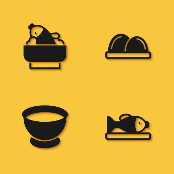 米饭和鱼放在碗里，盛在盘子里，酱油和寿司图标长影子。向量图片下载