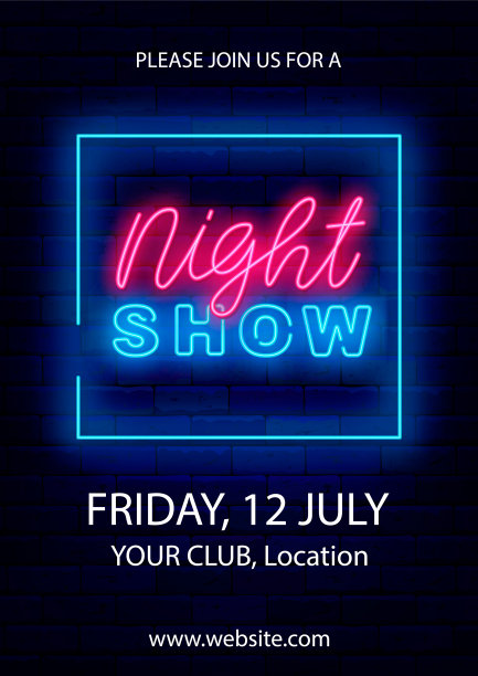 夜间表演霓虹灯传单。方形蓝色边框。垂直的海报。晚间演出横幅。矢量股票图图片下载