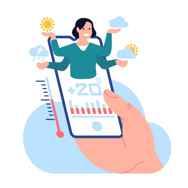 在线天气预报。现代智能手机应用程序。移动技术。气象学家的报告。太阳或云预测。气象手机应用程序。温度测量。向量的概念图片下载