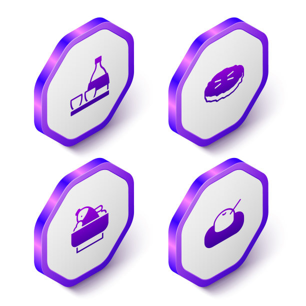 设置等距瓶清酒，自制派，碗鱼饭和麻糬图标。紫色六角形扣子。向量图片下载