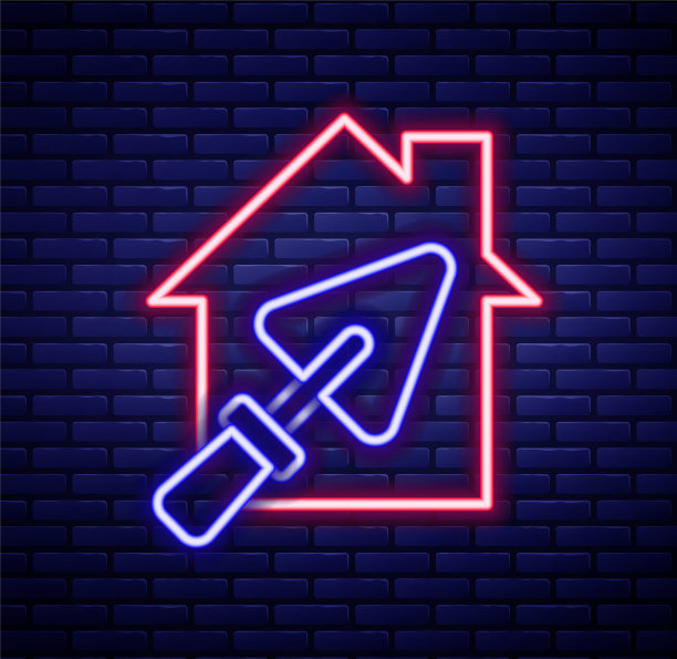 发光的霓虹灯线房子或家与泥铲图标隔离在砖墙背景。调整，服务，设置，维护，修理，固定。彩色轮廓概念。向量图片下载
