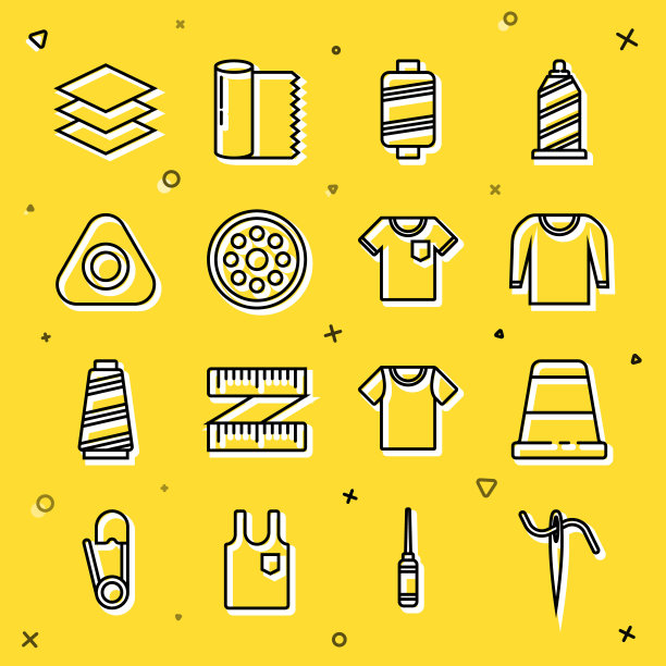 集线针缝纫与线，顶针，毛衣，缝纫，纽扣，粉笔，层次服装纺织品和t恤图标。向量图片下载