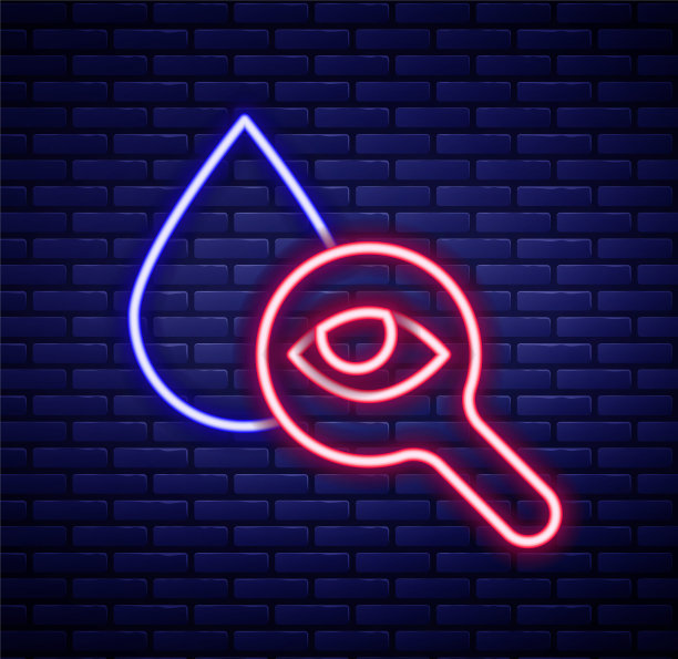 发光的霓虹灯线滴和放大镜图标隔离在砖墙背景。彩色轮廓概念。向量图片下载
