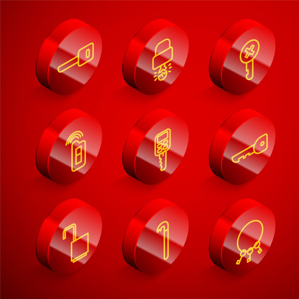 设置线路钥匙，挂锁破裂，错误的钥匙，汽车与远程，打开和撬棍图标。向量图片下载