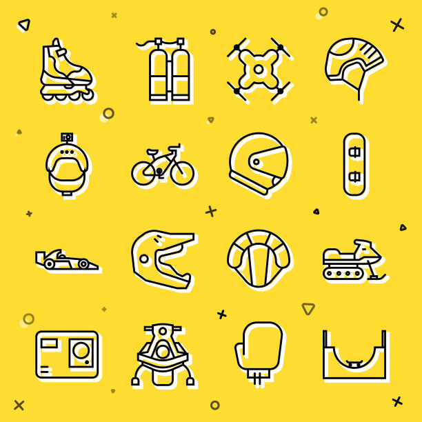 设置线滑板公园，雪地车，滑雪板，无人机飞行，自行车，头盔和动作相机，轮滑和图标。向量图片下载