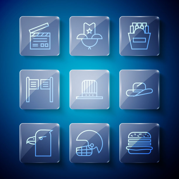 设定线鹰头，美式橄榄球头盔，汉堡，土豆薯条盒，爱国礼帽，沙龙门，电影拍手和西部牛仔图标。向量图片下载