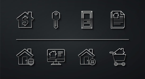 设置线房子与美元符号，保护，合同，错误标记，在线房地产房子，钥匙，购物车和关门图标。向量图片下载
