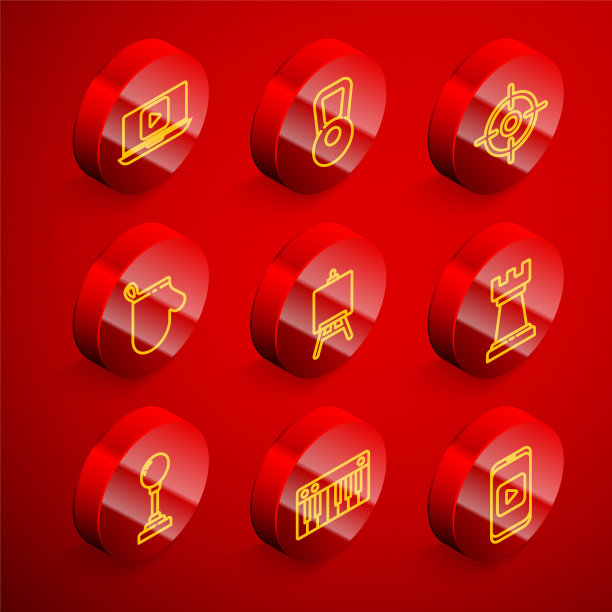 集线在线播放视频，壶铃，目标运动，烤箱手套，画架艺术板，商业策略，摇杆街机和音乐合成器图标。向量图片下载