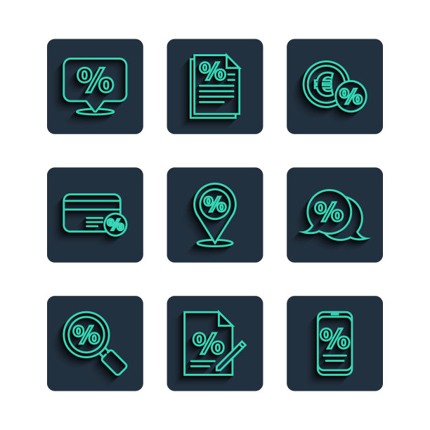 设置线放大镜与百分比，金融文件，百分比折扣和移动，货币硬币，位置，折扣卡，标签和图标。向量图片下载