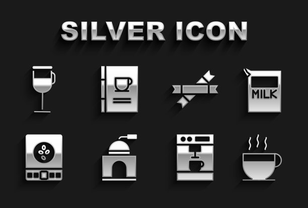 设置手动咖啡研磨机，牛奶纸包装，咖啡杯，机器，电子秤，糖棒包，爱尔兰和书籍图标。向量图片下载