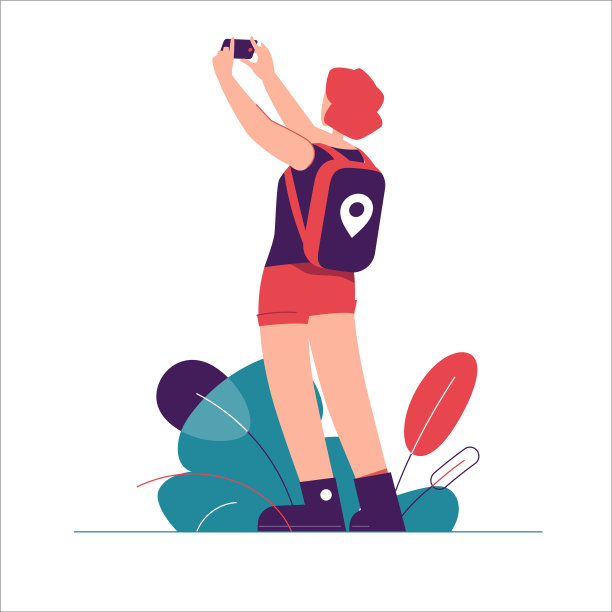 矢量插图的女游客旅行者与背包自拍图片下载