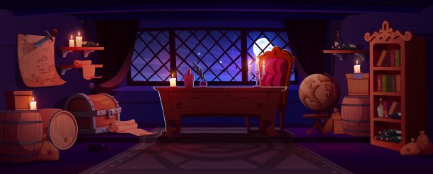 夜间船上的海盗舱内部图片下载