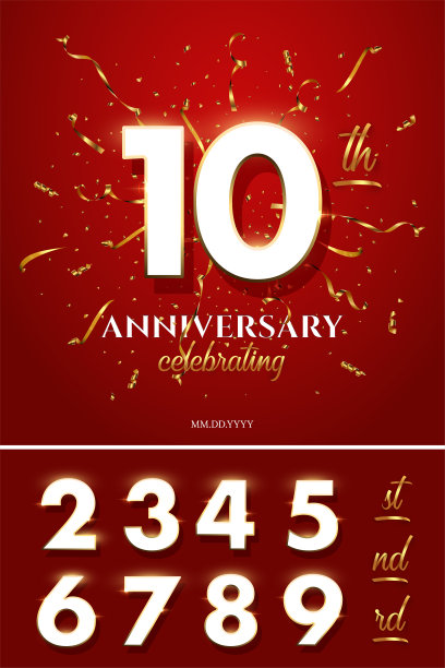 周年设计模板与3D白色数字，发光的金色框架和蛇纹石图片下载