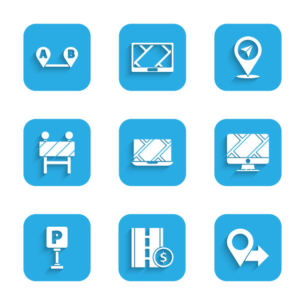 设置城市地图导航，收费道路交通标志，位置，监视器与位置标记，停车，道路屏障，和路线图标。向量图片下载