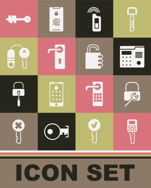 设置汽车钥匙与远程，锁维修，房屋对讲系统，门把手，旧和安全的密码锁图标。向量图片下载