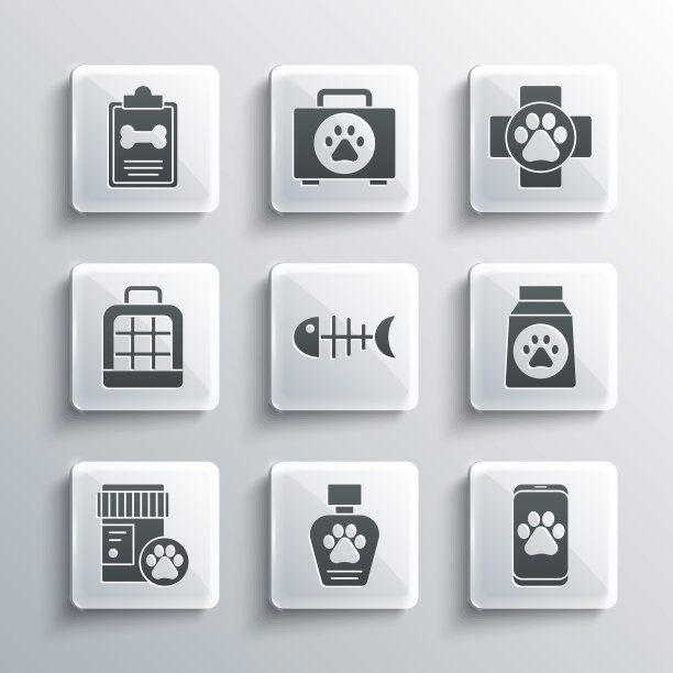 设置宠物洗发水，兽医诊所，食品袋，鱼骨架，狗药瓶，手提箱，临床记录宠物和图标。向量图片下载