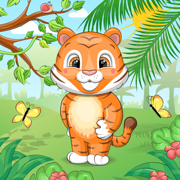 可爱的卡通老虎在大自然。图片下载